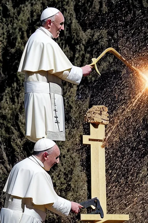 Prompt: the pope cutting a statue of jesus on the cross with a chainsaw