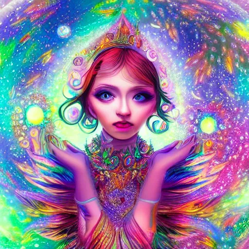 Image similar to Detailed Complex Colorful Magical Enchanted portrait of a Delicate Beautiful Celestial Creature of Light, Attractive, Beautiful, Seductive, Innocent, Pure, 4k, photorealistic