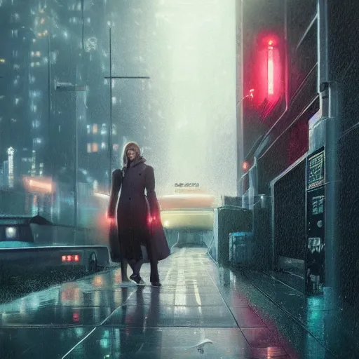 Image similar to detailed portrait of a woman, moment, cyberpunk mag - lev bullet train electronic billboards, tech noir, wet reflections, atmospheric, ambient, livia prima, greg rutkowski, edward hopper, pj crook