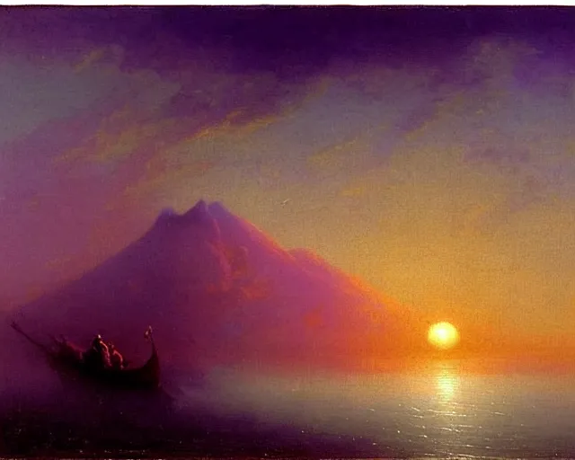 Image similar to clouds that look like mountains, figure with a guitar behind mist, sunrise, purple and blues, art by Ivan Aivazovsky