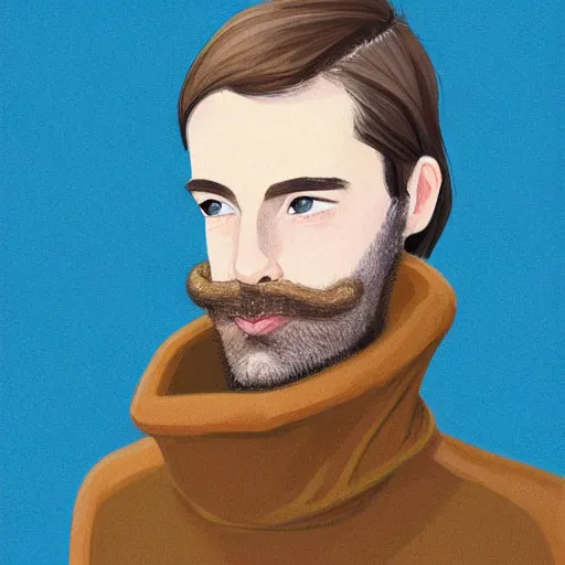 Prompt: gangly man with shortlight brown wavy hair, light brown short beard, no mustache, English heritage, blue eyes, middle aged, wearing a turtleneck and jacket, pale skin, narrow face, digital art, painterly, cartoon, cute, 8k, illustration, art by loish, painterly, trending on artstation, medium shot, uncropped