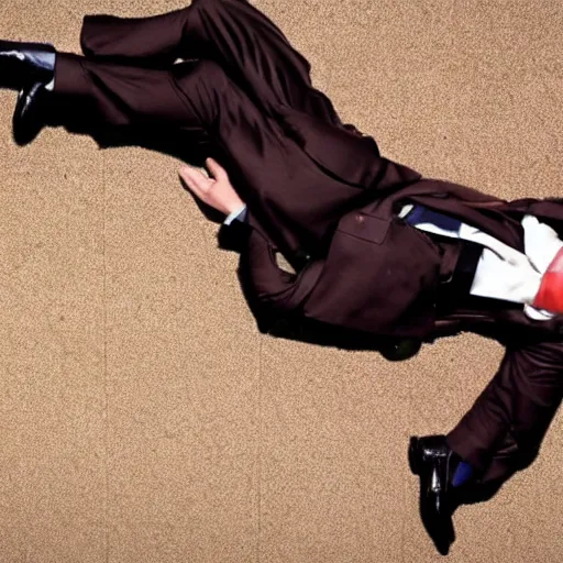 Image similar to Andy Richter is wearing a chocolate brown suit and necktie. Andy is lying flat on a concrete ground. Ariel view.