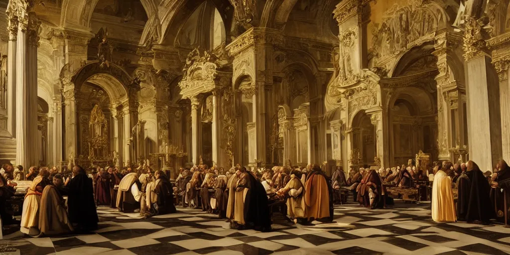 Prompt: beautiful oil matte painting, priests holding a church ceremony inside a baroque cathedral, wonderful masterpiece highly detailed, beautiful cinematic light deep focus, elegant, digital painting, smooth, sharp focus, golden ratio, dramatic illumination, ultra realistic, 8 k, art by giovanni bellini and caravaggio