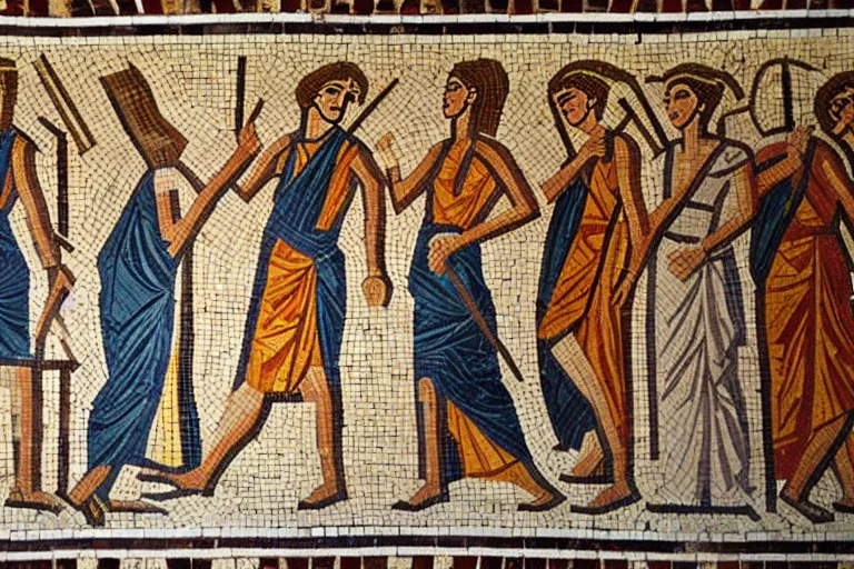 Image similar to an ancient greek floor mosaic of harry potter