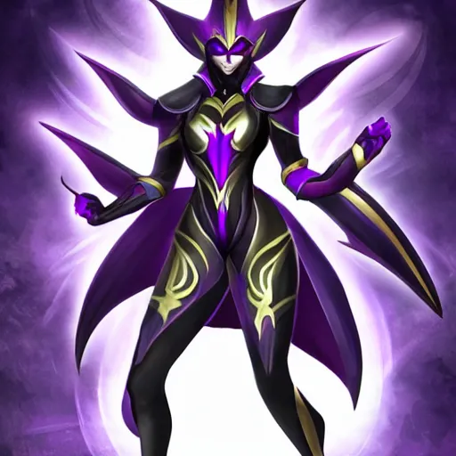 Prompt: Syndra from League of Legends. Horned helmet covering eyes. Purple and black magic outfit. Floating woman