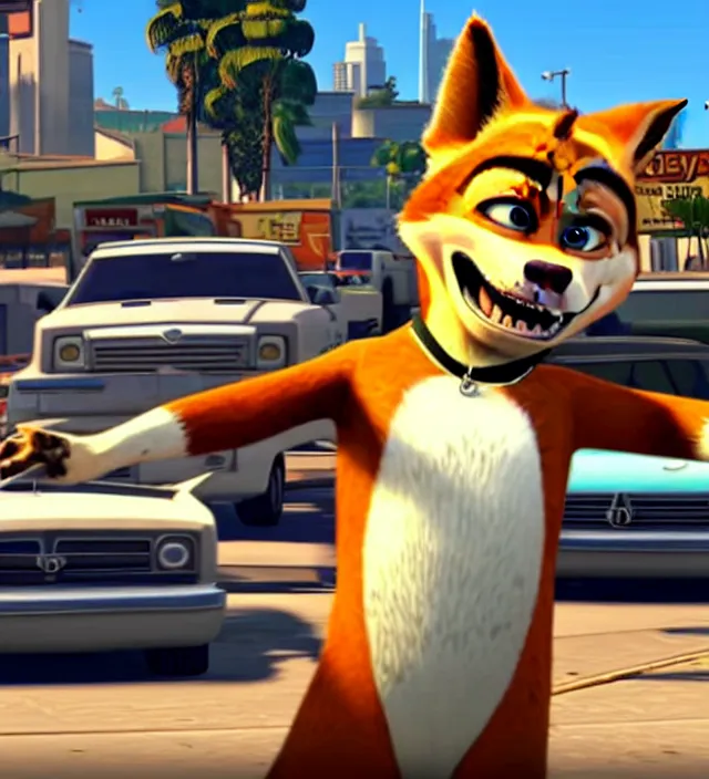 Prompt: Screenshot of Grand Theft Auto: San Andreas loading screen featuring Nick Wilde (from Zootopia)