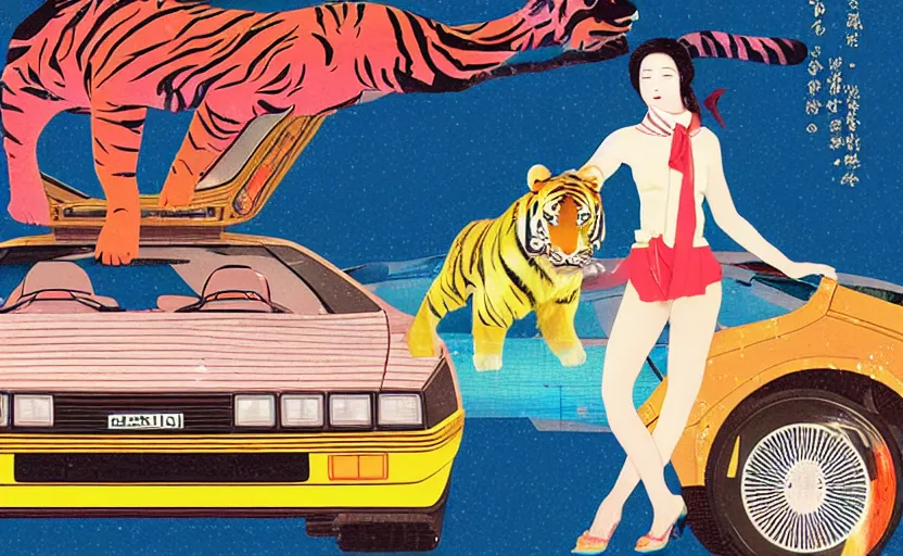 Image similar to a red delorean and a yellow tiger, colourful magazine collage, art by hsiao - ron cheng and utagawa kunisada