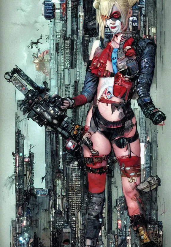 Image similar to a dream portrait of cyberpunk Harley Quinn in post apocalyptic Gotham art by Paul Dini, Travis Charest, Simon Bisley