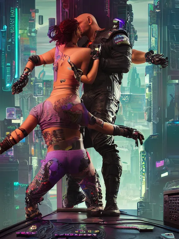 Image similar to a cyberpunk 2077 portrait of Dwayne Johnson holding a female android ,tango pose,complex mess of cables and wires behind them connected to giant computer, love moive,film lighting, by laurie greasley,Lawrence Alma-Tadema,William Morris,Dan Mumford, trending on atrstation, full of color,face enhance, highly detailed,8K, octane,golden ratio,cinematic lighting