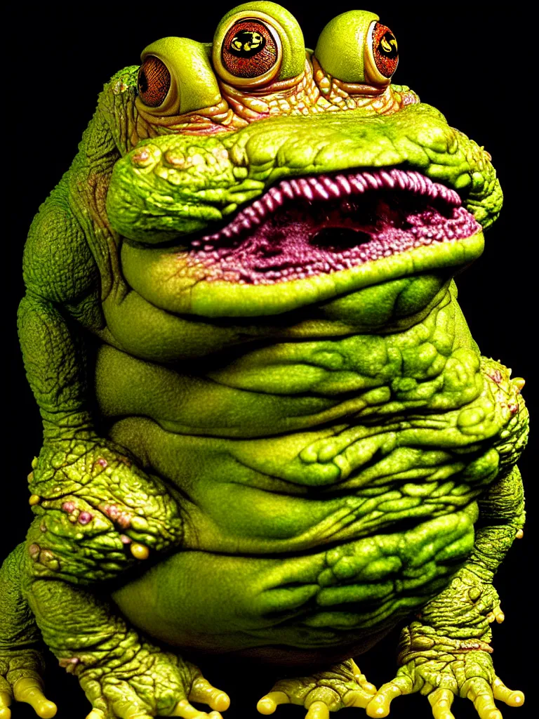 Prompt: hyperrealistic rendering, fat smooth cronenberg flesh monster toad kaiju by by art of skinner and richard corben, eyeballs, product photography, action figure, sofubi, studio lighting, colored gels, colored background