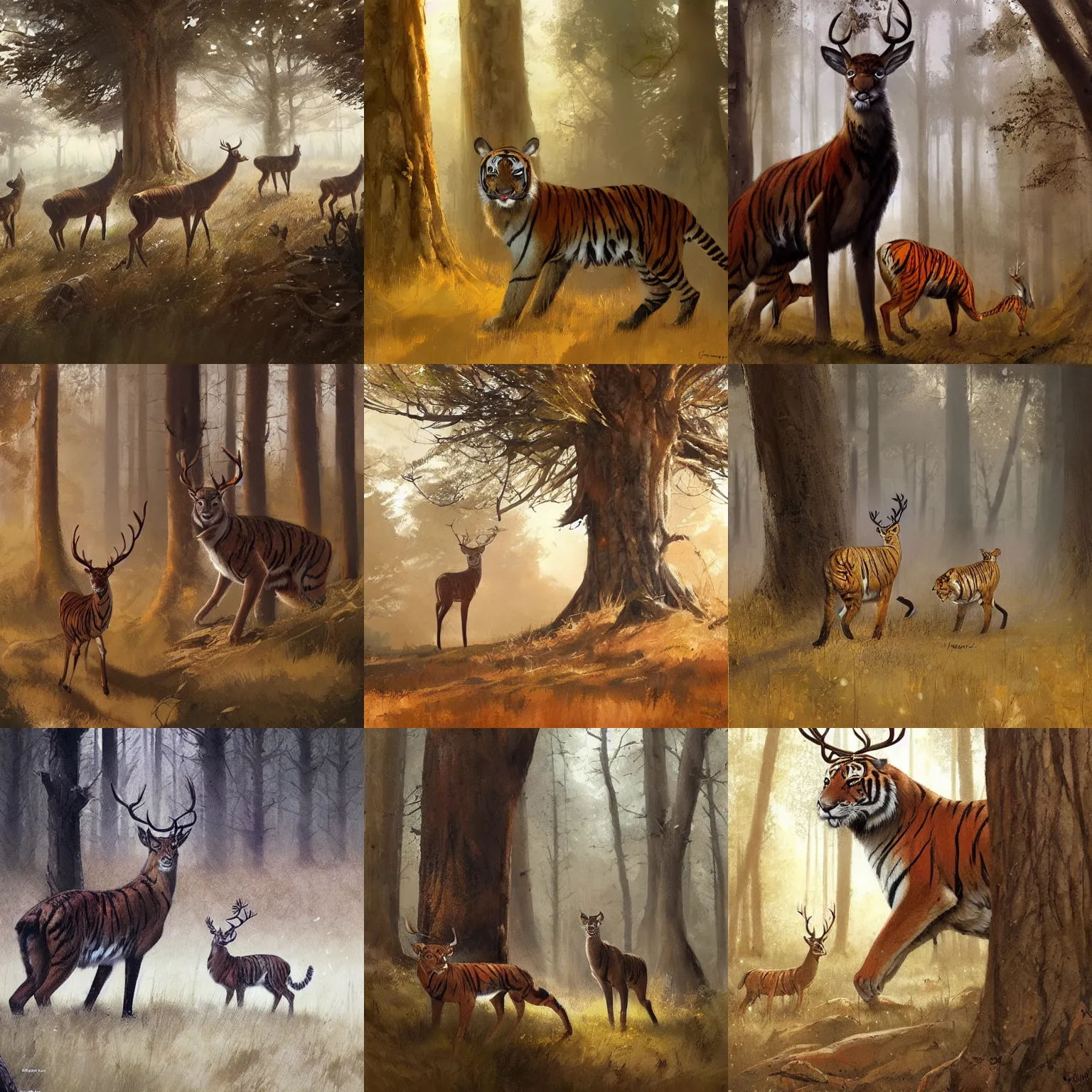 Prompt: close standing sherwood forest tiger greg rutkowski other each deer by to and in