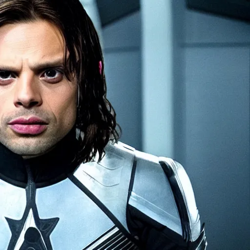 Prompt: sebastian stan as the winter soldier after being assimilated by the borg with cybernetic facial implants, a still from star trek.