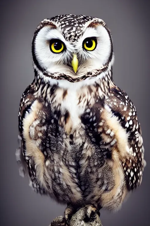 Prompt: cute little owl wearing black biker jacket, portrait photo, backlit, studio photo, dark plasma background