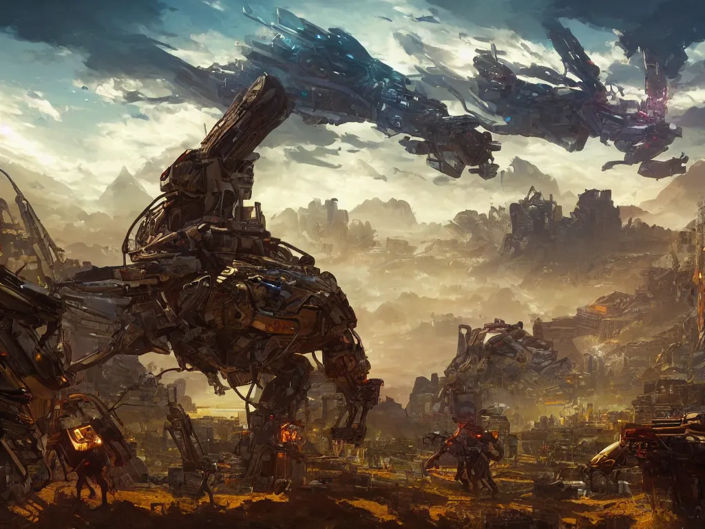 Image similar to giant cyberpunk wildlife fighting, a cinematic landscape view looking at an open field, mountains in the distance with a river running down, the sun shines through the parted clouds, digital painting, fantasy, art by jesper ejsing and alexandre mahboubi and christophe oliver and