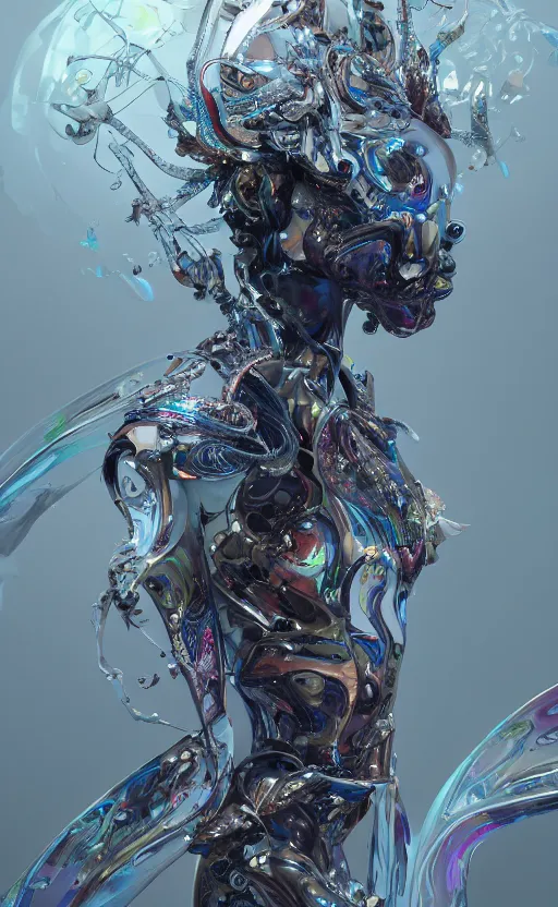 Image similar to hard surface form fused with organic form fashion outfit design, rainbow iridescent accents, full body frontal view, Peter mohrbacher, zaha hadid, tsutomu nihei, emil melmoth, zdzislaw belsinki, Craig Mullins, yoji shinkawa, trending on artstation, beautifully lit, hyper detailed, insane details, intricate, elite, ornate, elegant, luxury, dramatic lighting, CGsociety, hypermaximalist, golden ratio, octane render, weta digital, micro details, ray trace, 8k,