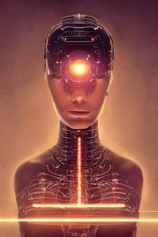 Image similar to Meditating cyborg with many cybernetic implants and wiring, lotus pose, techno-optimism, utopia, sci-fi, hyperrealist, centered, wide angle shot, shart focus, detailed, intricate, 4k UHD, creative lighting, digital painting by Greg Rutkowski, face by artgerm, digital art, trending on artstation, top post of all time on /r/transhumanism subreddit