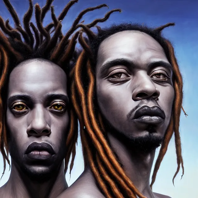 Prompt: hyperrealistic hyper detailed neo - surreal 8 5 mm portrait of two black goth male wikiing's with dreadlocks matte painting concept art hannah yata dali very dramatic soft light low side angle shot hd 8 k sharp shallow depth of field