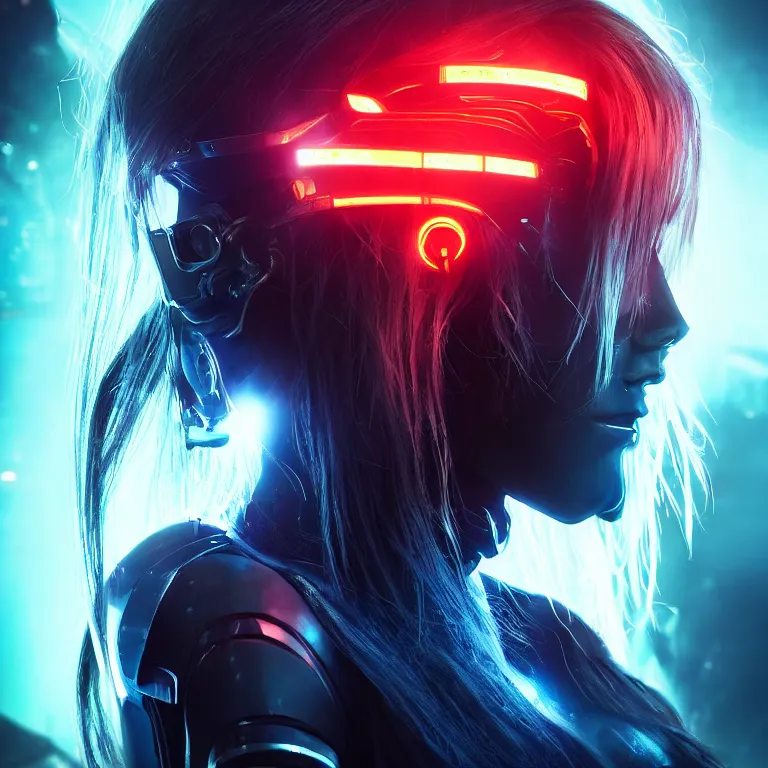 Image similar to beautiful cinematic poster, female cyberpunk, ronin ballistic mask, brilliant blue flowing hair, beautiful glowing eyes, wideshot ultrawide angle epic scale, hybrid from the elden ring and art direction by darius zawadzki, wayne reynolds artstation ; cinematic quality character render ; low angle ; ultra high quality model, quality cinema model