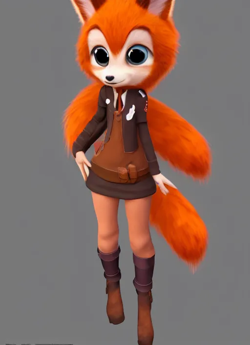 Prompt: female furry mini cute style, character adoptable, highly detailed, rendered, ray - tracing, cgi animated, 3 d demo reel avatar, style of maple story and zootopia, maple story fox girl, orange fox, dark skin, cool clothes, soft shade, soft lighting