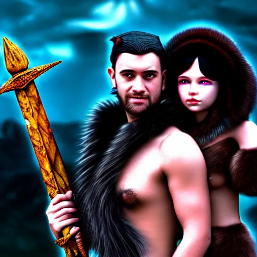 Image similar to a DND barbarian wearing fur coat holding a small Triton girl with black hair, high resolution film still, 4k, HDR colors