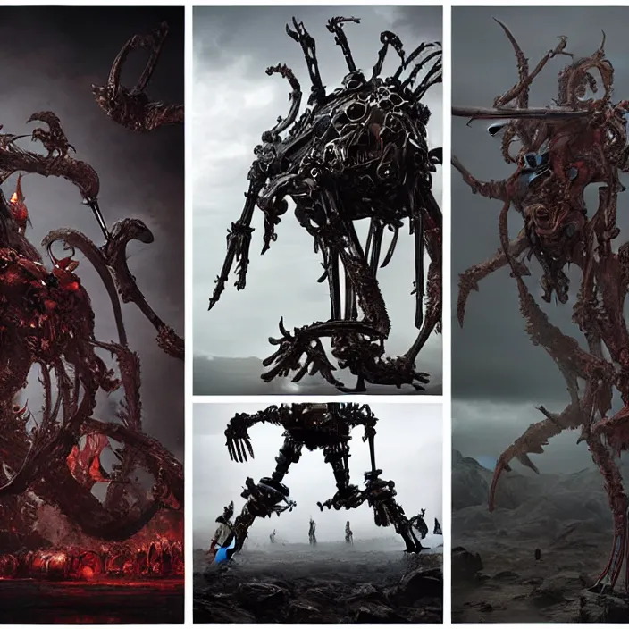Image similar to still frame from Prometheus by Jakub Rozalski and utagawa kuniyoshi, infinite Hell Scape with gigantic mecha demons and ornate bone cyborgs by Wayne Barlowe by peter Mohrbacher by Giger, dressed by Alexander McQueen and by Neri Oxman, metal couture hate couture editorial