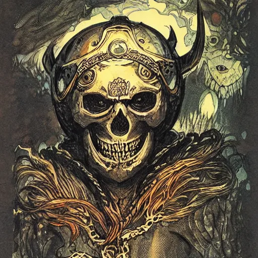 Image similar to portrait of skull with viking helmet and glowing eyes by rebecca guay, yoshitaka amano