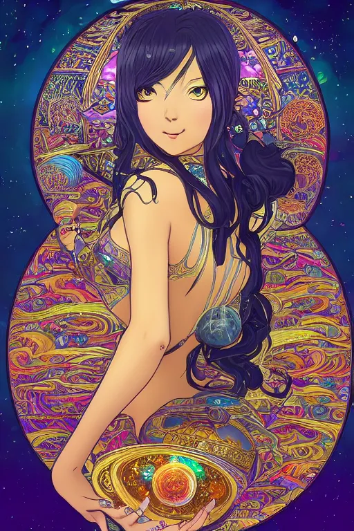 Image similar to psychedelic, intricate, highly detailed, anime, 4k, beautiful seductive woman holding a huge orb containing the universe, with professional makeup, long trippy hair, surrounded by gems, underneath the stars, trending on patreon, deviantart, twitter, artstation, volumetric lighting, heavy contrast, by artgerm and Ilya Kuvshinov and alphonse mucha, interstellar galaxy