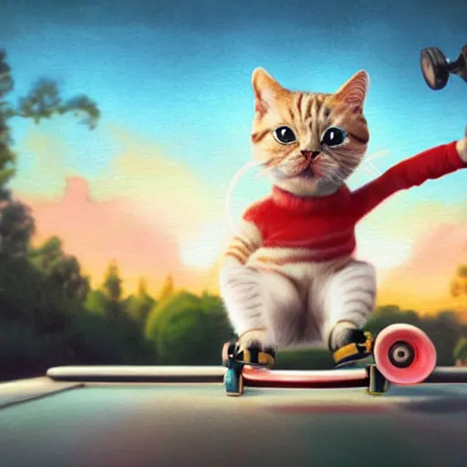 Prompt: Extremely cute and adorable 8k HD key visual of a cat skateboarding on a ramp at sunset, official media, lowbrow painting by Mark Ryden. The art style is quite chibi, with large heads and big wide eyes. 3D render diorama Macro photography