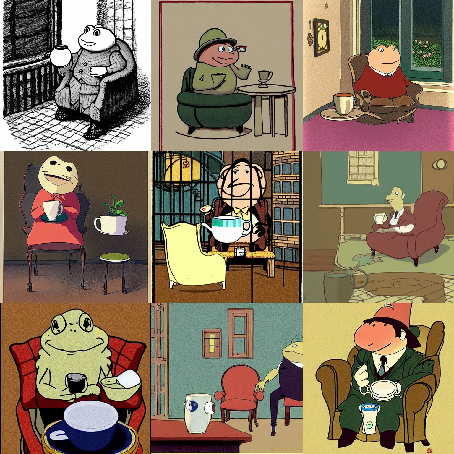 Prompt: Mr toad sipping a cup of coffee in an armchair. Studio Ghibli.
