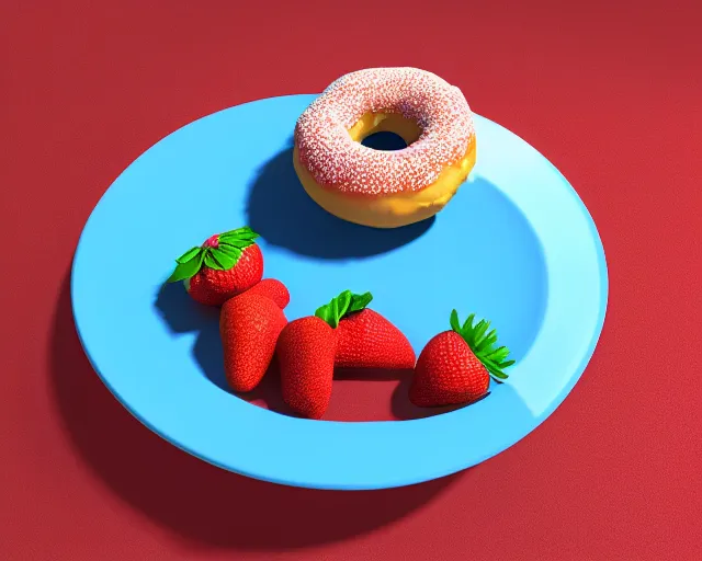 Prompt: 3d render of a strawberry donut on a plate, blue colored room, brick walls, blender, realistic