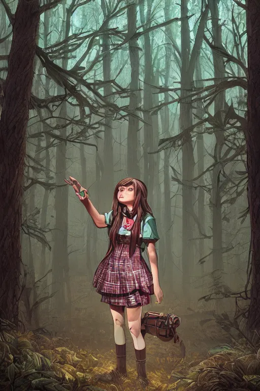 Prompt: sarah humpfrey as a girl in a dark forest, detailed plaid miniskirt, beautiful upper body, detailed face, by dan mumford, anime style, octane render, trending on artstation