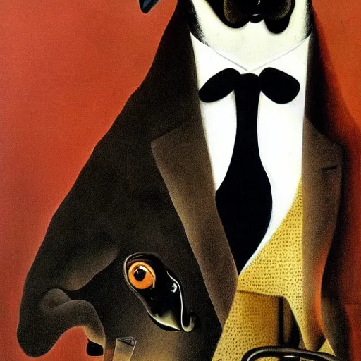 Image similar to a surrealist portrait of black pugalier dog wearing suit and tie, surreal background, by salvador dali