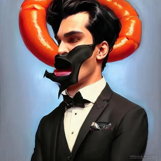 Prompt: man wearing a suit made of hotdog. he is dressed as a superhero. clean elegant painting, beautiful detailed face. by artgerm and greg rutkowski and alphonse mucha