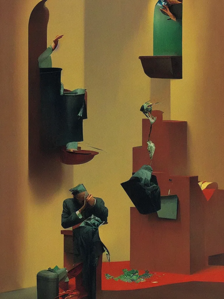 Image similar to magician with a trash over his head praying to a trash bin Edward Hopper and James Gilleard, Zdzislaw Beksinski highly detailed