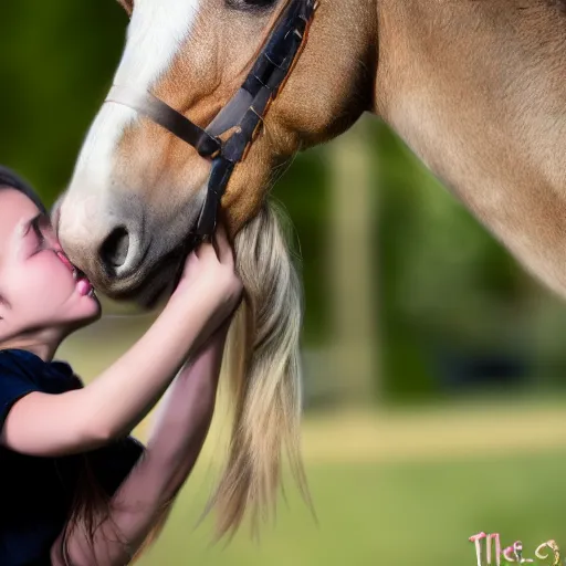 Prompt: tiny beige pony trying to bite a girl's face realistic cinematic hdr 3 5 mm