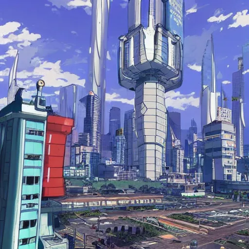 Image similar to “arasaka tower grounds being patrolled by mechs. Anime background art in the style of Akira. HD hyperrealistic 8K photomode.”