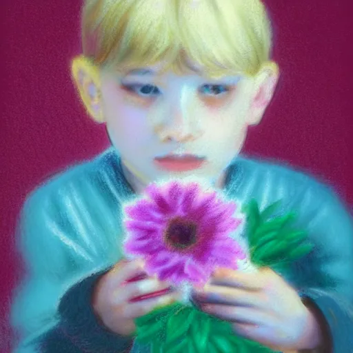 Prompt: a young boy is holding a bouquet of flowers, a pastel by bourgeois, pixabay, art & language, stockphoto, ilya kuvshinov, vray