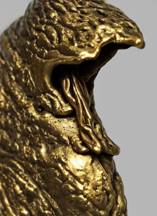 Image similar to bronze age Irish, detailed knot-work gold cloak pin of a dinosaur, studio lighting, museum