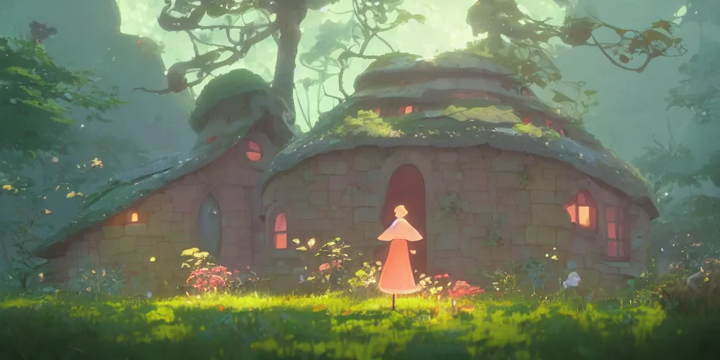 Prompt: fairy mushrooms house, moss, lianne, by cory loftis & akihiko yoshida & james gilleard & atey ghailan & makoto shinkai & goro fujita & studio ghibli, rim light, exquisite lighting, clear focus, magic atmosphere, very coherent, plain background, soft painting