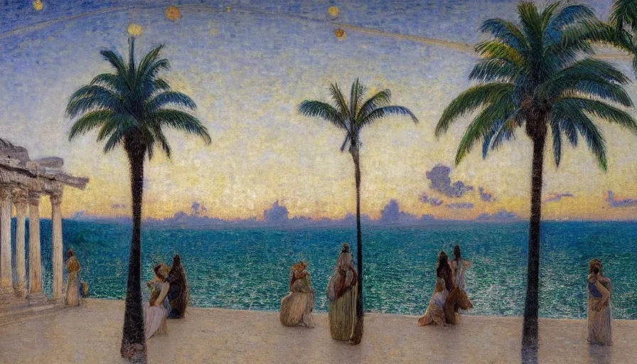 Image similar to a ultradetailed beautiful painting of the night sky of the amazonas palace balustrade designed by jules bastien - lepage, tarsila do amaral, frank weston and gustave baumann, beach, trending on artstation, mediterranean, palm trees, sharp focus, giant greek columns, soft light, 8 k 4 k