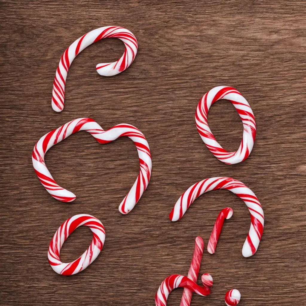 Image similar to close - up view of candy cane on top of a wooden table, 8 k, high detail, photorealistic, proper shading