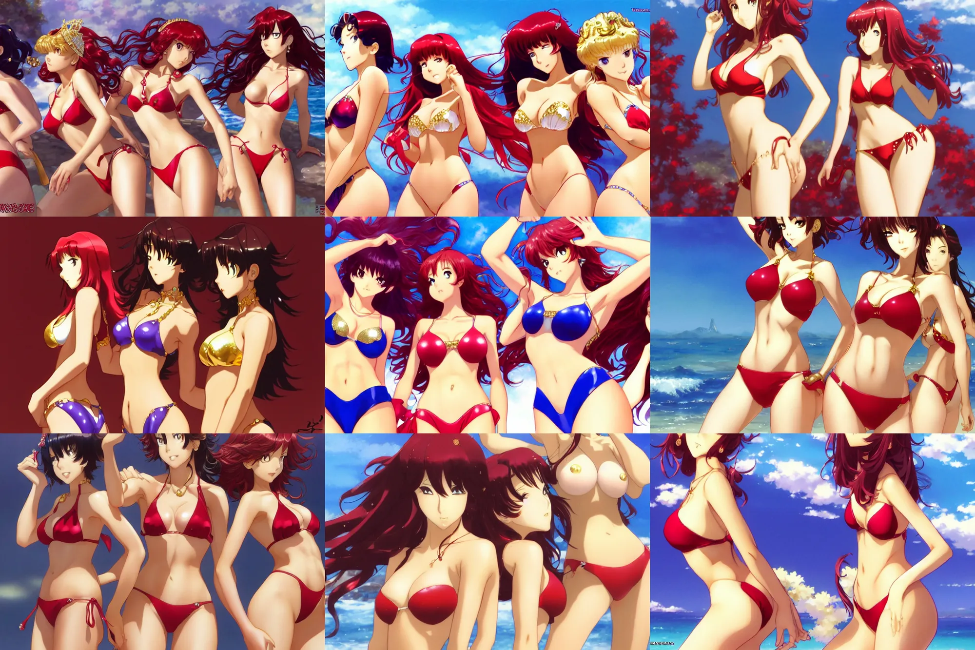 Prompt: gold and rubies. close - up princesses posing together in bikini. by takashi takeuchi, yoshiyuki sadamoto, amagaitaro, makoto shinkai, krenz cushart, asao urata, pixiv