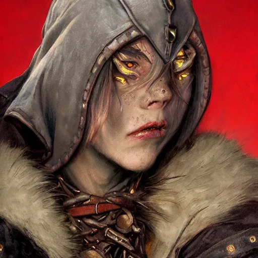 Image similar to closeup portrait of a surly and resentful female tiefling thief with grit and small horns clothed in leather armor and a cloak, angry expression, by Greg Rutkowski and John Collier and Krenz Cushart and Artem Demura and Alphonse Mucha and Albert Aublet, as seen on ArtStation, 4k, dungeons and dragons, very aesthetic, very detailed, intricate, unreal, fantasy, dramatic, painterly, artstation, sharp focus, smooth