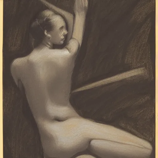 Prompt: opium den study by herbert james draper. black and white chalk on brown paper.