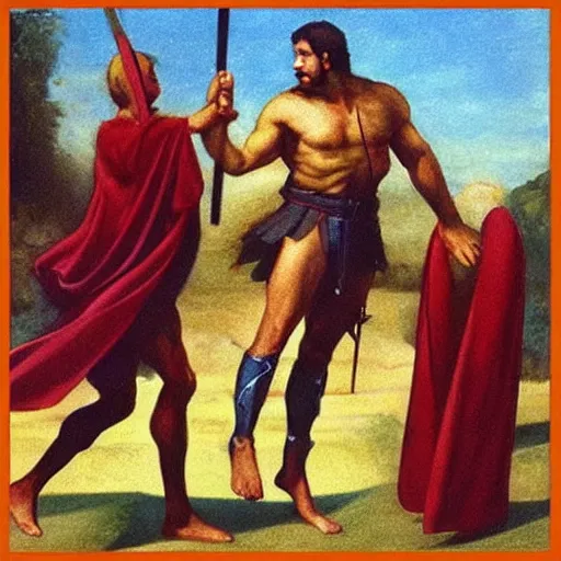 Prompt: “Spartans in battle uniform jumping on trampoline red robe and cape swinging spear swords shield Greece Hercules in the style of Edward Hooper details human figure proportions”