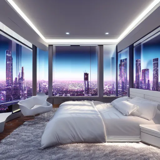 Image similar to a futuristic luxury white bedroom with ceiling high windows looking out to a cyberpunk cityscape with flying cars, night time, neon lights, cinematic 3d render