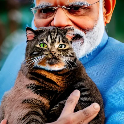 Prompt: narendra modi holding a cat in his arms, sony a 7 r