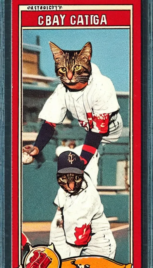 Prompt: baseball card for catty mccat, the first professional feline player