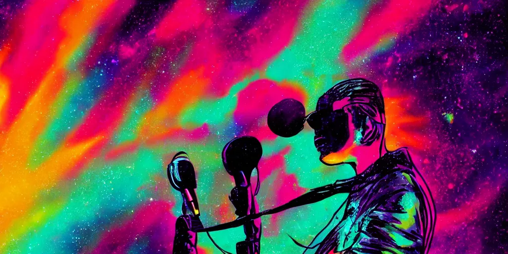 Prompt: rapping into microphone, silhouette, psychedelic, outrun, hip hop, Aurora borealis, trending on Artstation, professional artist, detailed, 4k