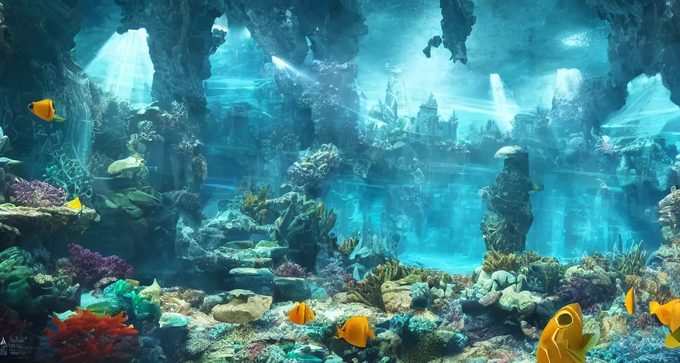 Prompt: fantasy underwater world with buildings, mermaids and fish, light rays coming from above through the water, hyperrealistic, 8K, octane render, rtx